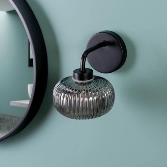 ValueLights Amaia Pair of Matte Black IP44 Rated Single Smoked Ribbed Glass Wall Lights Black