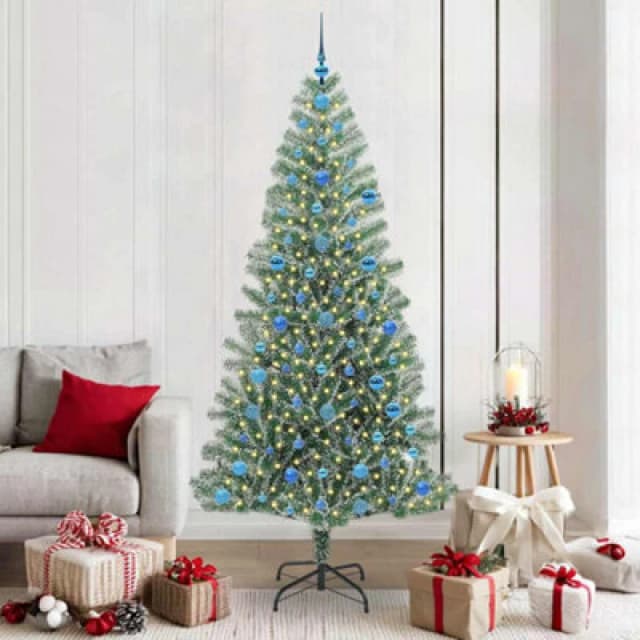 vidaXL Artificial Christmas Tree with Blue Balls Snow Flocked with LED Light 210 cm, Green 3396831