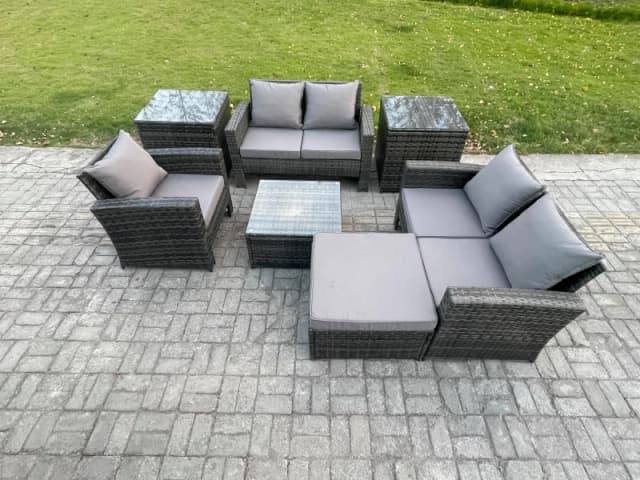 Fimous Outdoor Rattan Garden Furniture Set Conservatory Patio Sofa Coffee Table Set with Chair 2 Side Tables Big Footstool Dark Grey Mixed Dark Grey U