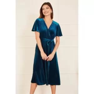 Yumi Teal Wrap Over Midi Dress - Blue