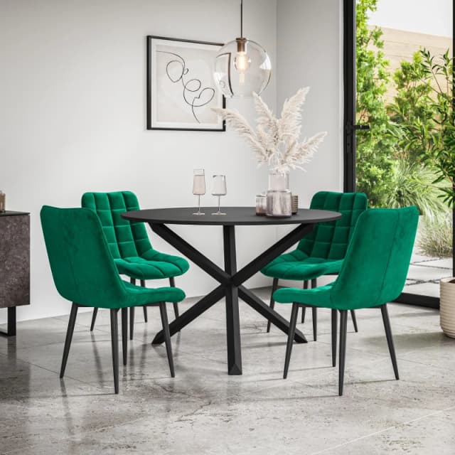 More4Homes Malvern Round Dining Table And Chairs - Black Table Top W Solid Black Oak Legs + Nova Velvet Dining Chair Set Of 4 (Green)