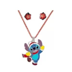 Disney Lilo & Stitch Blue Purple and Red Christmas pendant and flower earring set SH00650RL