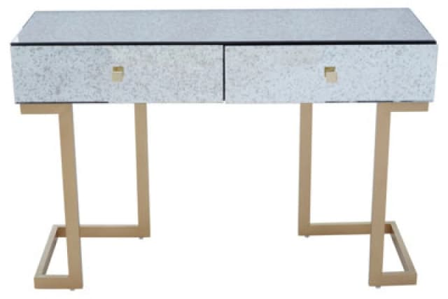 Orsina Stylish Brass Finish Console Table, Livingroom Table With Two Drawers, Lounge Table With Antique Mirror Top