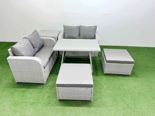 Fimous 6 Seater Outdoor Love Sofa Set Rattan Garden Furniture Set With Dining Table Side Table 2 Big Footstool Light Grey