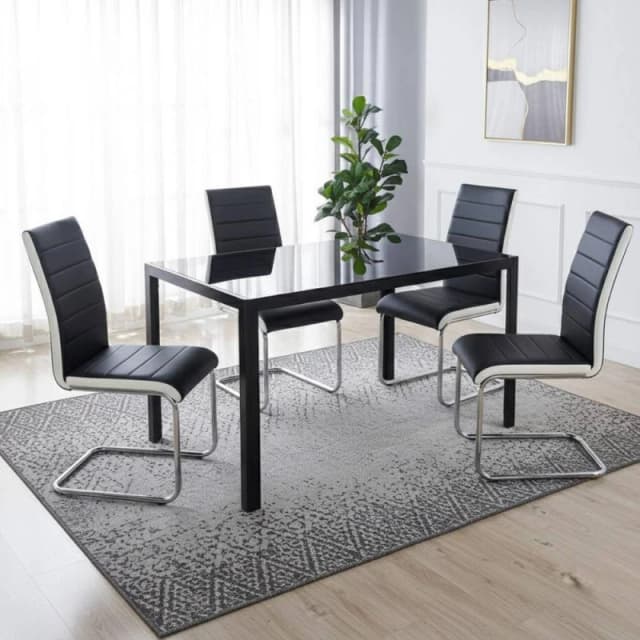 Kosy Koala Modern Black Glass Dining Table Set With 4 Faux Leather Chairs Dining Room Furniture