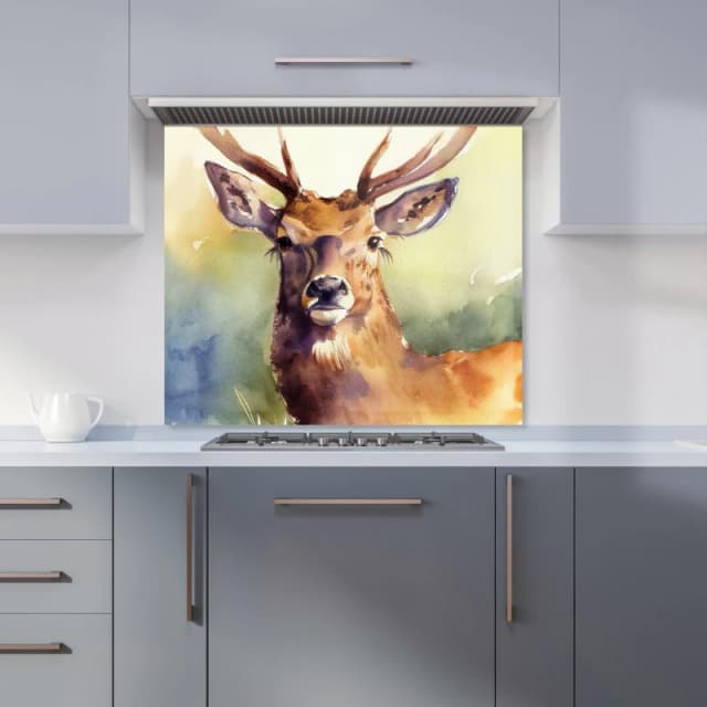 Warren Reed - Designer Splendid Stag Watercolour Kitchen Splashback in Brown Size: 600mm x 750mm Brown Unisex 600mm x 750mm