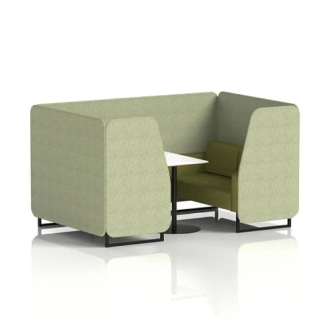 Brixworth 4 Seater Office Booth with Front Panel - Black Legs and White Table with Black Leg in Rivet Fabric - Burnish Panels and Olive Sofa