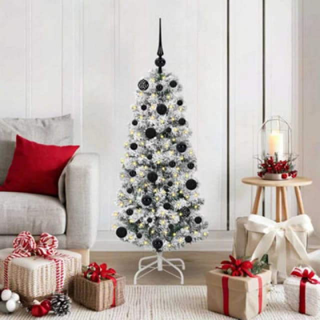 vidaXL Artificial Hinged Christmas Tree with Black Balls Green and white 120 cm, Green 3395578