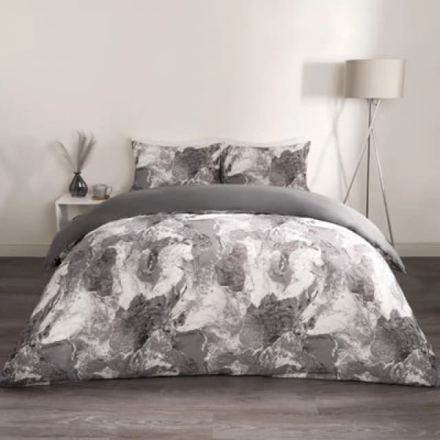 OHS OHS Marble Duvet Cover Set Quilt Bedding Reversible in Grey Size: Double Grey Double Unisex 5027434183197