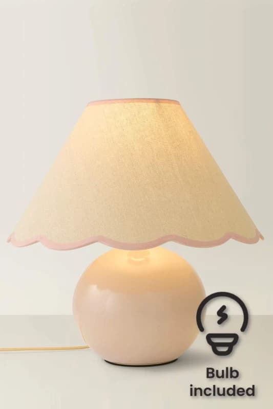 ValueLights Bosco Natural Stone Globe Ceramic Table Lamp with Linen Scalloped Shade & Bulb Pink