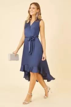 Navy Satin Dipped Hem Wrap Over Midi Dress