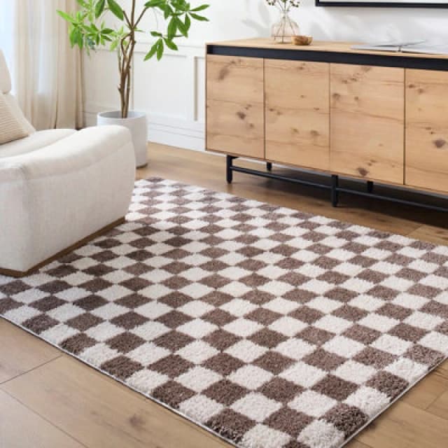 Livabliss Machine Washable Checkered Shaggy Dark Brown Izaline Area Rug 200 X 275cm - Easy Care, Ideal For Living Room & Bedroom