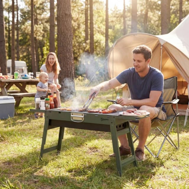 OUTSUNNY BBQ Grill, Charcoal Barbecue with 2 Side Shelves & Handle, Green Green Unisex