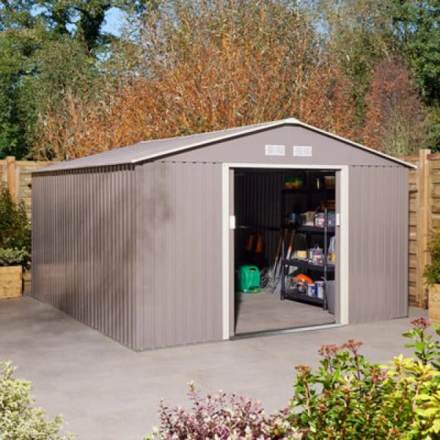 Rowlinson Trentvale 10X12 Metal Apex Shed Light Grey With Foundation Kit, Grey TV1012APXLGFKI
