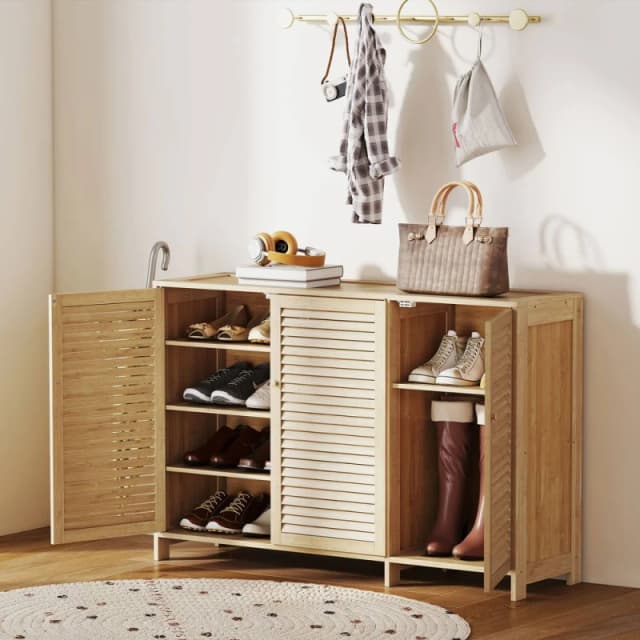 HOMCOM Bamboo Shoe Cabinet with Louvered Doors 18 Pairs Shoe Storage Cabinet in Natural Size: Large Natural Unisex Large