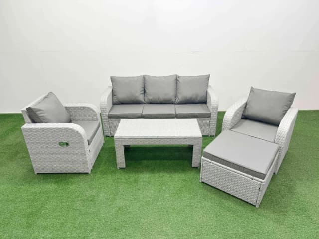 Fimous PE Rattan Garden Furniture Set Reclining Chair Sofa Lounge Sofa Set Rectangular Coffee Table Big Footstool Light Grey Light Grey