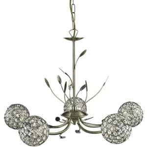 5 Light Multi Arm Ceiling Pendant Flower Design Antique Brass, Glass, G9