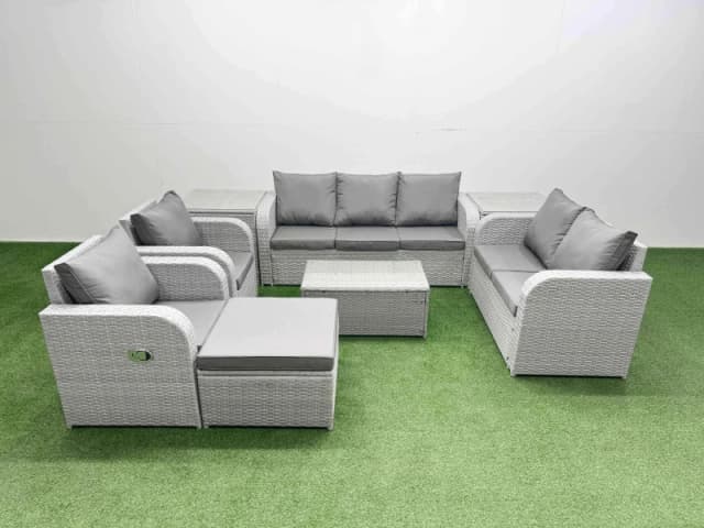 Fimous PE Rattan Garden Furniture Set Adjustable Chair Sofa Double Love Seat 2 Seater Sofa Lounge Set Oblong Coffee Table Big Footstool 2 Side Table L
