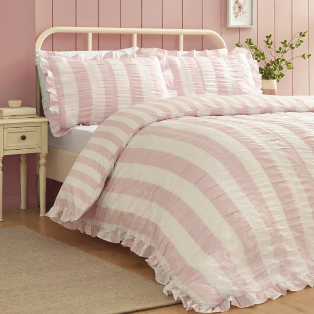 Catherine Lansfield Seersucker Frill Stripe Duvet Cover Bedding Set Pink