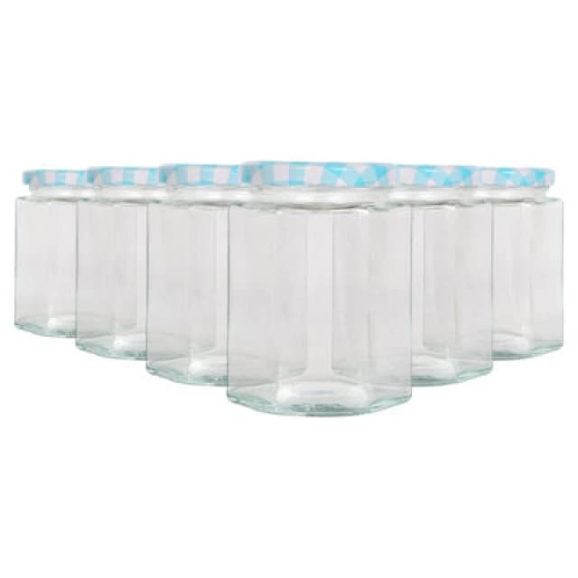 Argon Tableware Hexagonal Glass Jam Jars With Blue Gingham Lids - 250ml - Pack Of 6