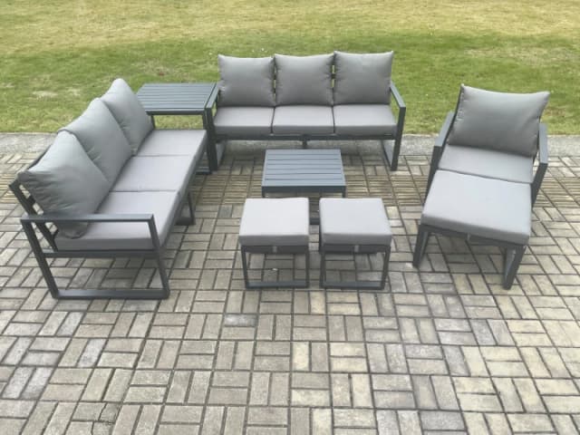 Fimous Aluminium Outdoor Lounge Sofa Set Garden Furniture Sets with Square Coffee Table Chair 3 Footstools Side Table Dark Grey Dark Grey Unisex
