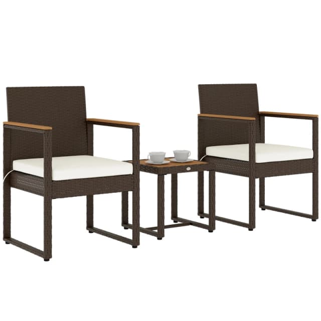 Outsunny 3 Piece Rattan Bistro Set with Acacia Wood Table, White 863-170V70BN