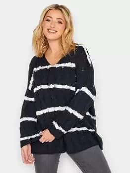 Yours V Neck Cable Stripe Jumper - Navy, Size 14-16, Women