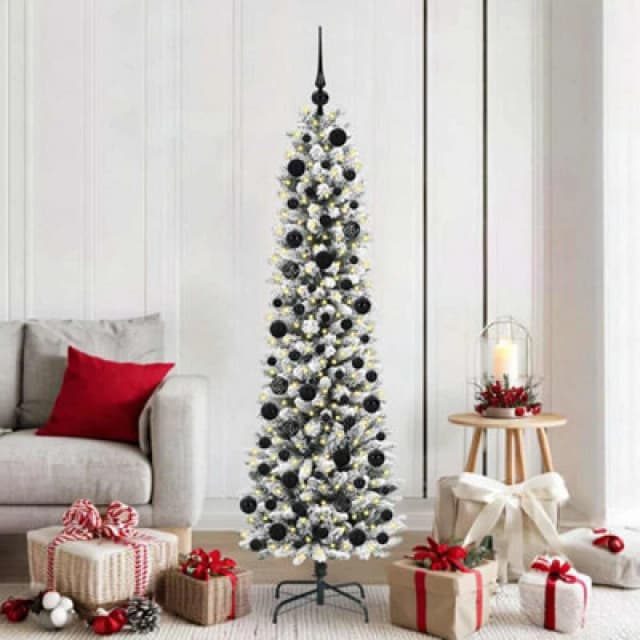 vidaXL Artificial Christmas Tree with 300 LEDs, Black Balls Green and white 180 cm, Green 3396106