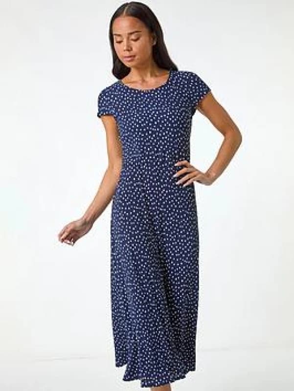 Roman Womens Petite Spot Print Crinkle Midi Dress in Navy Size: 10 Navy Female 10