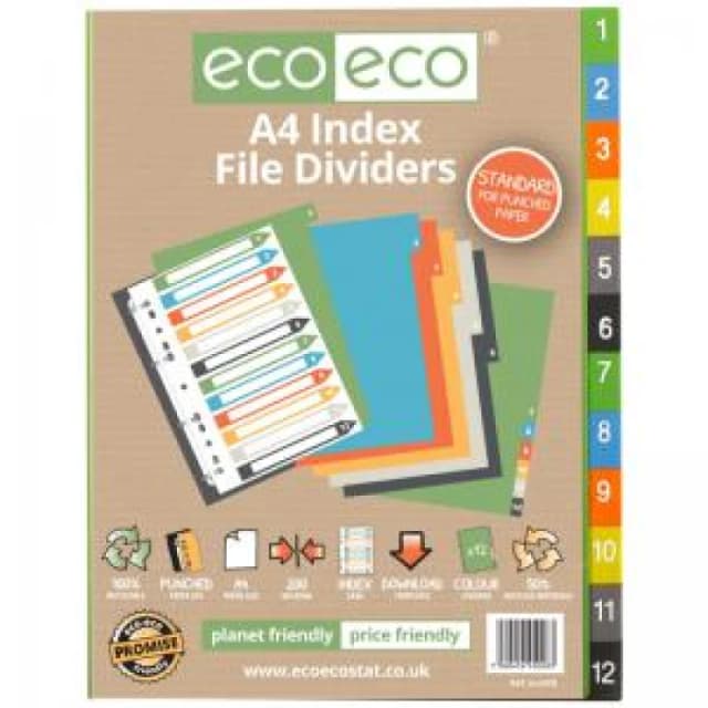 Eco Eco Mutlicolour 50% Recycled Index Dividers A4 1-12 eco028-S