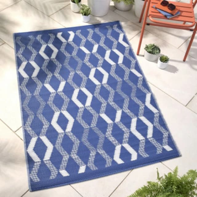 Fusion Rico Outdoor Vertical Zig Zags Uv Resistant Blue Outdoor Rug