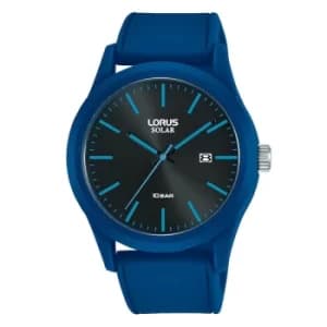 Mens Sports Solar Watch with Blue Silicone Strap & Black and Blue Face