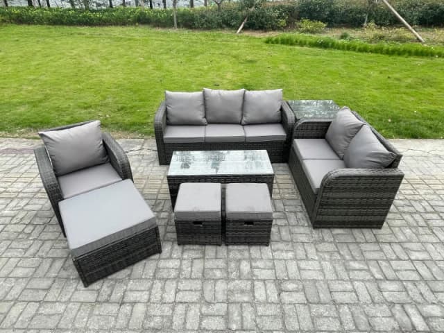Fimous 9 Seater High Back Rattan Garden Furniture Set with Loveseat Sofa Rectangular Coffee Table Side Table 3 Footstools Outdoor Patio Lounge Sofa Se