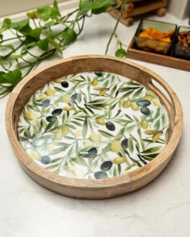 Candlelight Round Tray Mango Wood - Olives