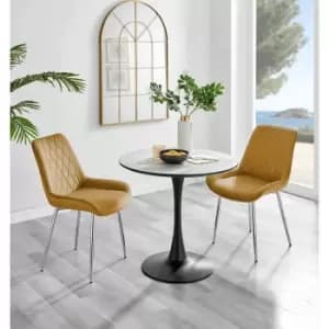 Furniture Box Elina White Marble Effect Round Dining Table and 2 Mustard Pesaro Silver Chairs