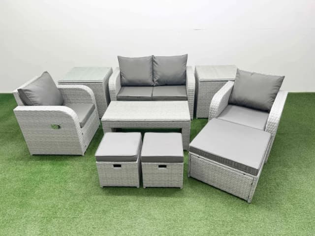 Fimous Light Grey PE Wicker Rattan Garden Furniture Set Sofa Set Reclining Adjustable Chair Oblong Coffee Table 7 Seater 3 Stools 2 Side Table Light