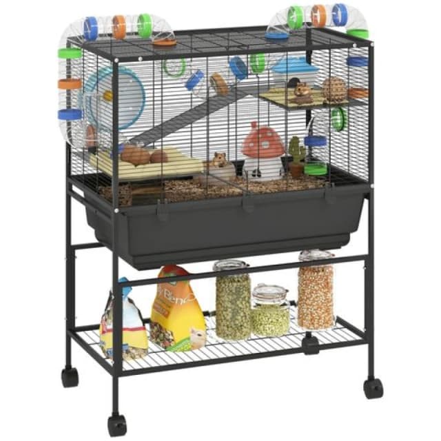 PawHut PawHut Hamster Cage, 3 Tier Gerbil Cage on Wheels with Storage Shelf - 82 L x 45 W x 106.5Hcm