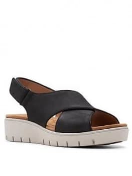 Clarks Un Karely Sun Leather Wide Fit Low Wedge Sandal - Black