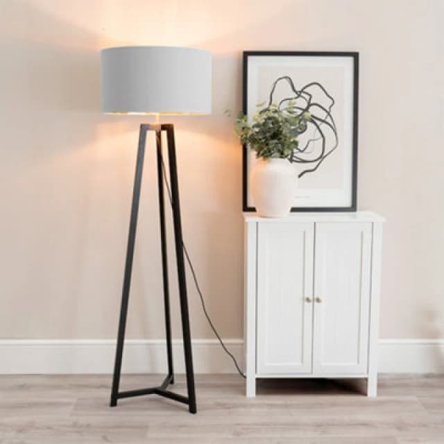 ValueLights Lottie Black Wood Tripod Floor Lamp with Grey and Gold Drum Shade Grey