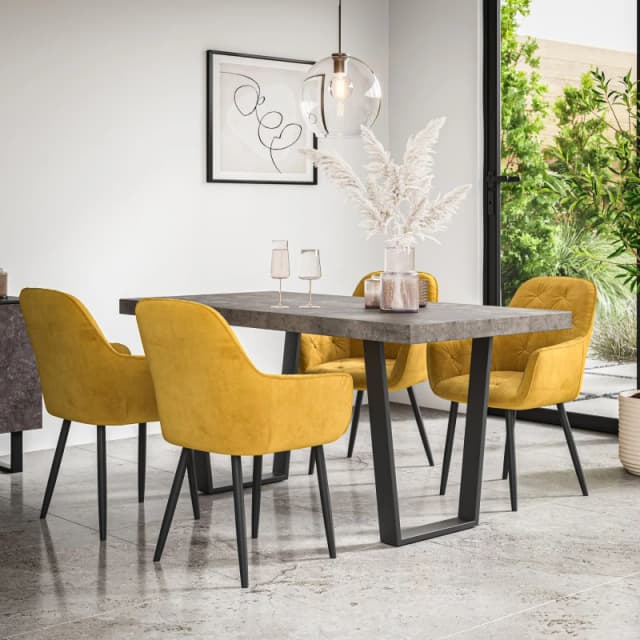More4Homes Aria Dining Table And Chairs - Concrete Effect Table Top W Black Legs + Anika Velvet Dining Chair Set Of 6 (Mustard)