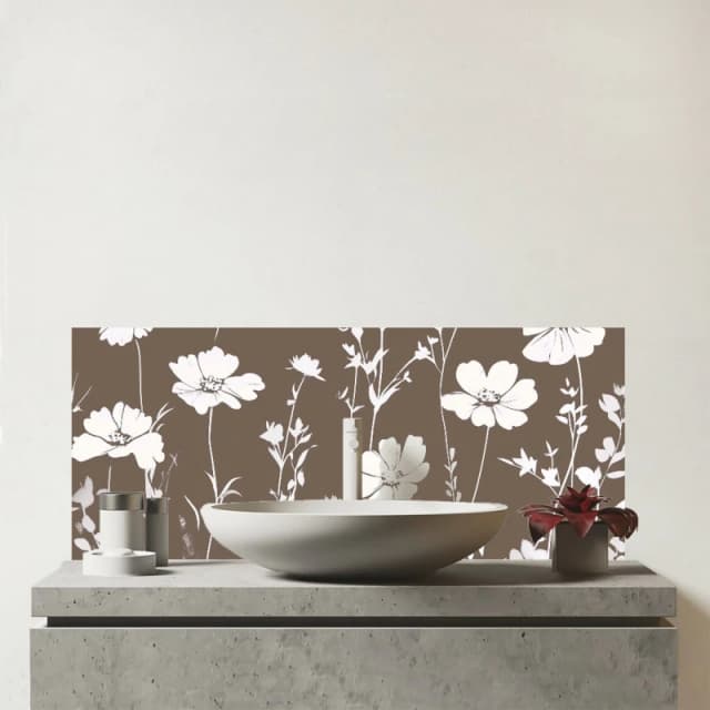 Warren Reed - Designer Taupe & White Floral Silhouette Glass Bathroom Splashback Multicolor Unisex