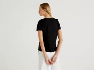 Benetton, T-Shirt In 100% Cotton With Rouches, taglia XS, Black, Women