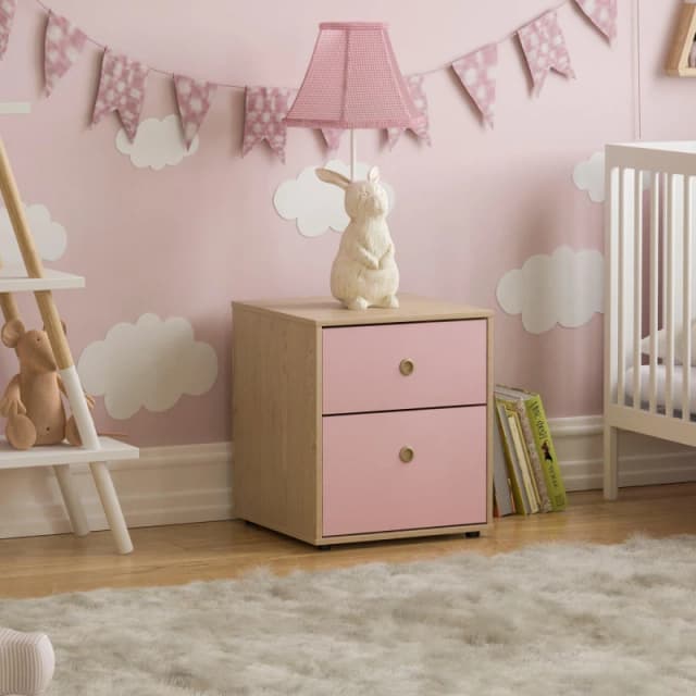 Lassic Junior Vida Neptune 2 Drawer Bedside Table Pink & Oak unisex 2 Drawer