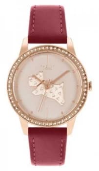 Radley Womens Red Leather Strap Rose Gold Dog Motif Dial Watch