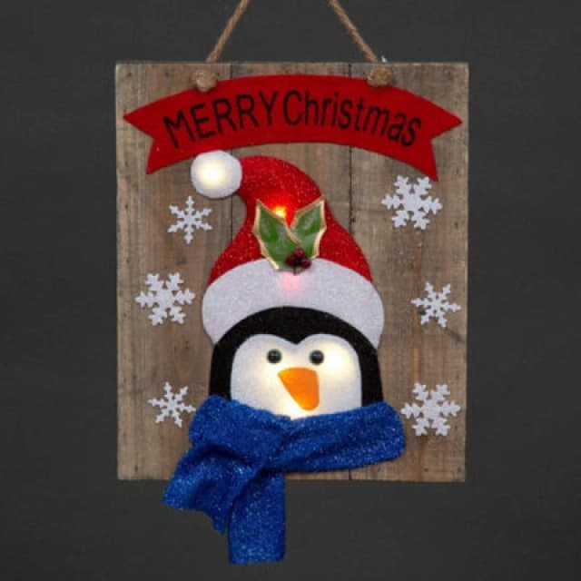 Shatchi Christmas Home Decoration Battery Operated Novelty Penguin Wooden Frame Wall Decoration with 6 Small Warm White Bulbs Blue