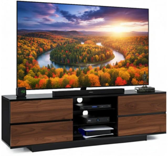 CENTURION SUPPORTS Centurion Supports - Avitus Walnut Black, Gloss Black with 4-Walnut Drawers & 3-Shelf 32'-65' led/ lcd / Plasma tv Stand Avitus Bla