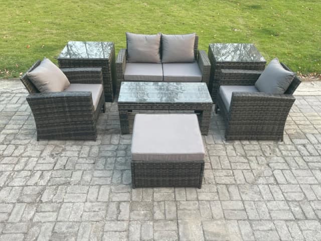 Fimous 5 Seater Outdoor Rattan Garden Furniture Set Patio Lounge Sofa Set with Coffee Table Side Tables Big Footstool Dark Grey Mixed Dark Grey Unisex
