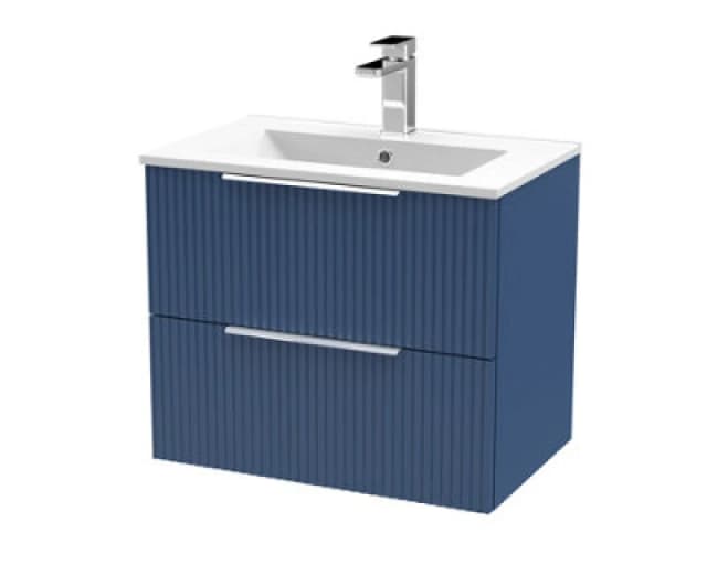 HUDSON REED Hudson Reed - Fluted Satin Blue 600mm Wall Hung 2 Drawer Vanity Unit and Minimalist Ceramic Basin - DFF393B DFF393B
