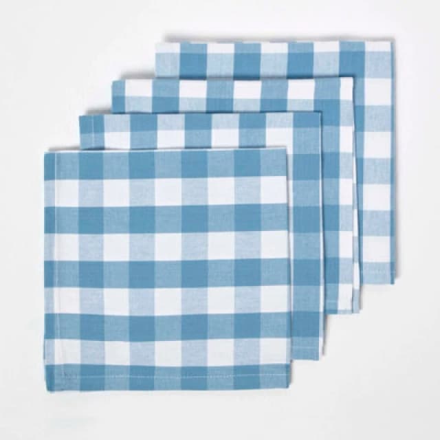 Homescapes Block Check Cotton Gingham Napkins, Set of 4 Blue