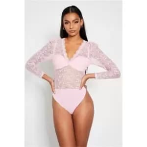 I Saw It First Pink Premium Lace Plunge Bodysuit - Pink